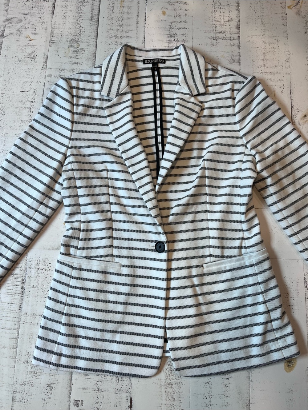 Express Striped White and Black Single-Button Blazer